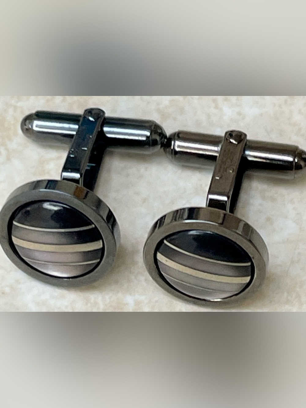 Vintage Christian Dior Cufflinks Black Mother of Pearl Striped Gunmetal Grey